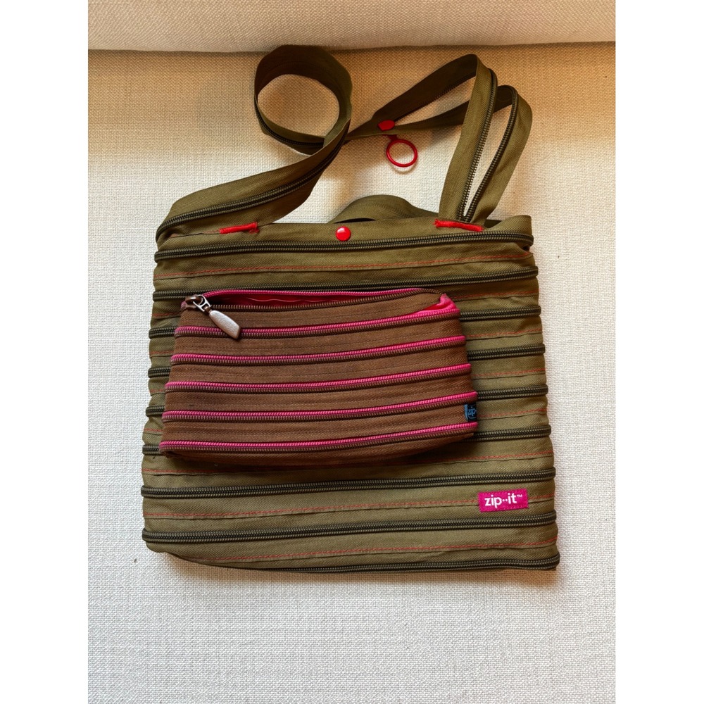 Vintage Zip-it Zipper Bag Set Olive Green Techwear Messenger Y2K Gorpcore